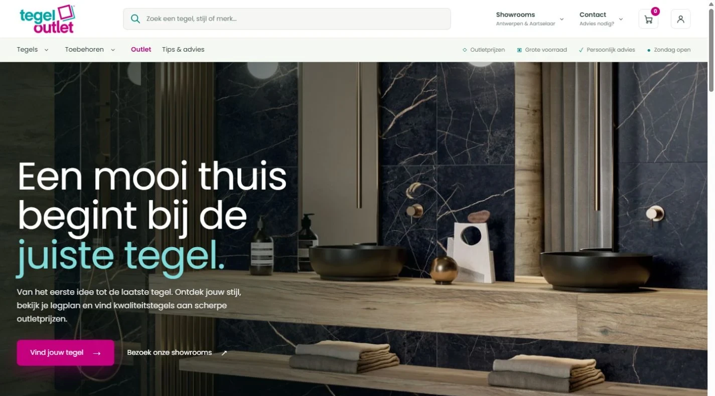 Tegeloutlet’s current custom homepage, captured September 2026