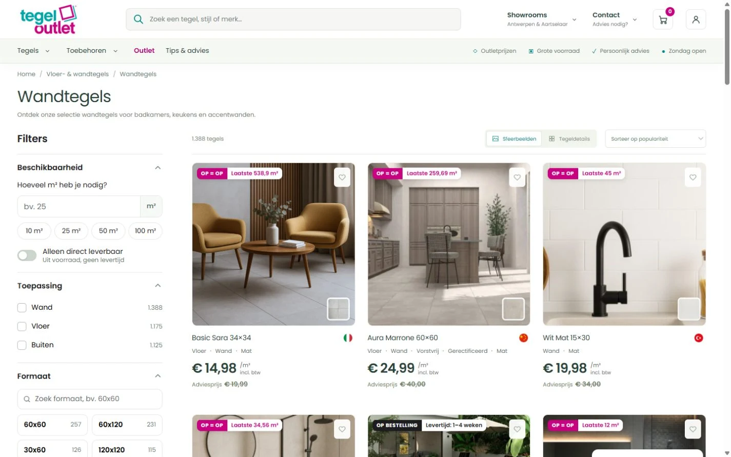 De productcatalogus op maat van Tegeloutlet, met filters, prijzen en voorraadinformatie