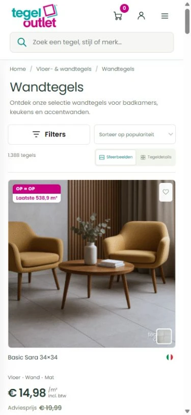 De mobiele catalogus van Tegeloutlet met filters, sortering en een productkaart met voorraad, specificaties en prijs