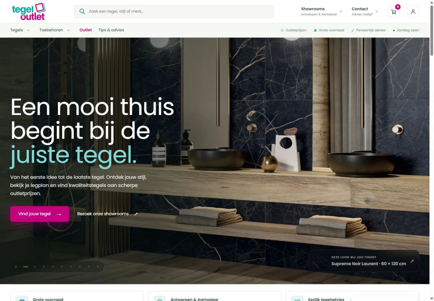 The live Tegeloutlet desktop homepage with custom navigation, search and a full-width interior hero