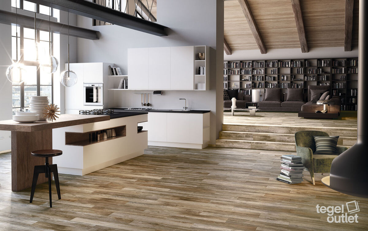 Light-filled kitchen and living space with Cerdomus Baita Beige flooring, Tegeloutlet