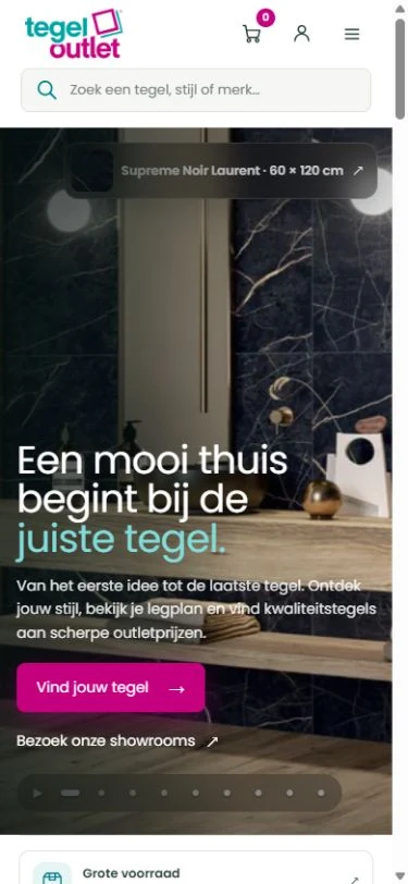 The live Tegeloutlet mobile homepage with responsive navigation and product inspiration