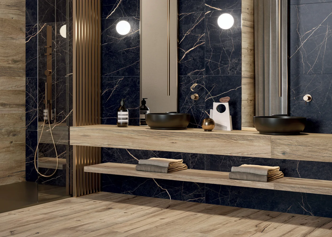 Flaviker Supreme Noir Laurent marble-look tiles in a sculptural bathroom, from Tegeloutlet