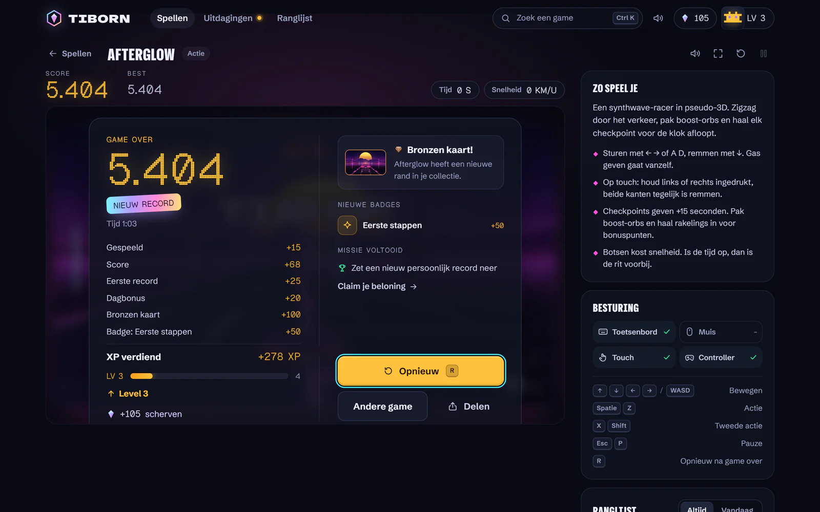 Het game-overscherm van Tiborn na een run in Afterglow: 5.404 punten en een nieuw record, de verdiende XP, een bronzen kaart, een nieuwe badge en een voltooide dagmissie