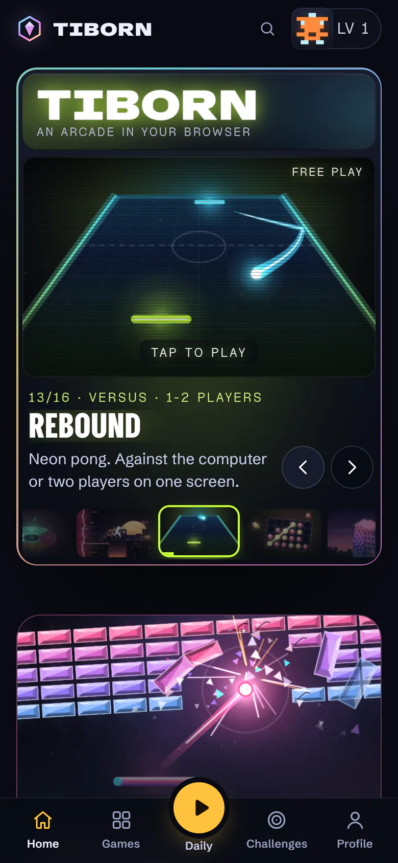 Het startscherm van Tiborn op een smartphone, met Rebound, voor één of twee spelers, in de speelkast en een ronde Daily-knop in de tabbalk