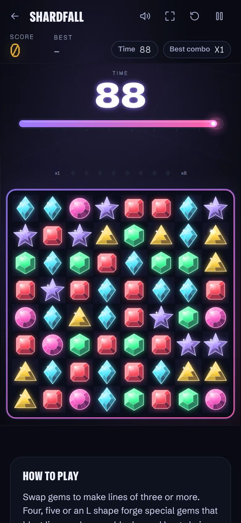 Shardfall op een smartphone: een bord vol gekleurde edelstenen, met nog 88 seconden