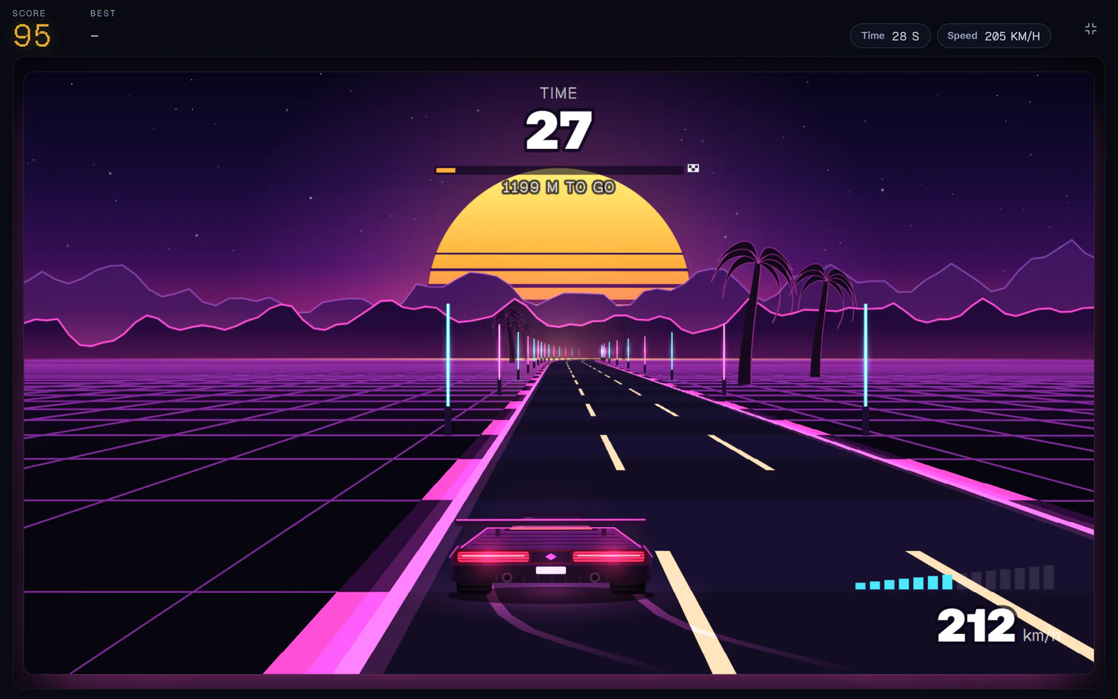 Afterglow op volledig scherm: een auto raast over een neon-snelweg naar een gestreepte zon, met nog 27 seconden op de klok en 1.199 meter te gaan